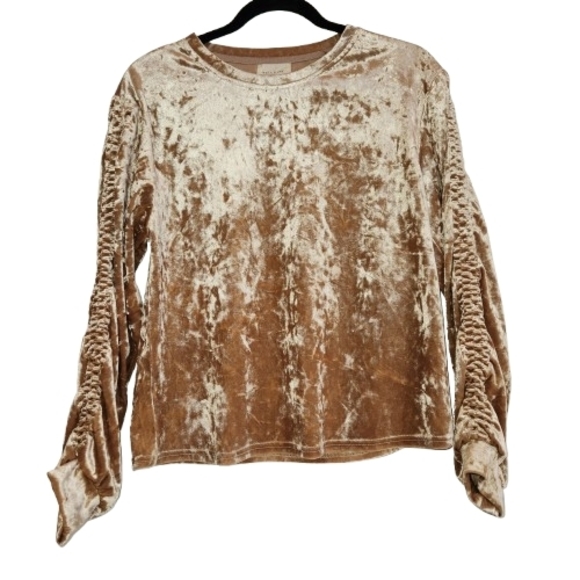 MELLODAY Crushed Velvet Long Sleeve Top Tan Size S Pretty Sleeve Detail Soft - Picture 2 of 9